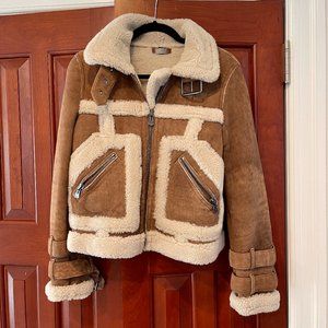HiSO Genuine Sheepskin Shearling Leather Fur Bomber Moto Jacket -  Size Small